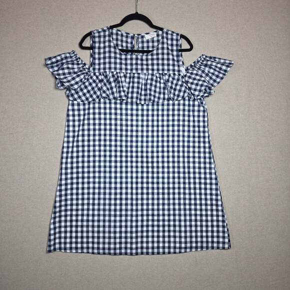 Fantastic Fawn Dresses & Skirts - Fantastic Fawn Cold Shoulder Ruffle Mini Dress Womens Size XL Blue Gingham Lined